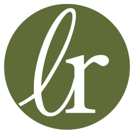 Lovely Refinement logo – lowercase letters 'l' and 'r' in white script and serif font, overlapping inside a solid olive green circle.